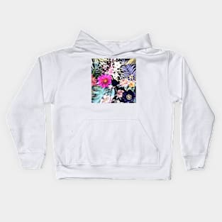 tropical flowers and leaves blue green pink purple Kids Hoodie